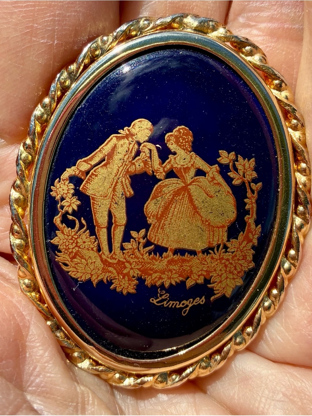 Vintage Limoges France Porcelain Brooch 22K Gold Transfer Cobalt Courting Couple